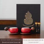 Tao Xi Couple Cups + Coaster + Spoon Hardback Gift Box [Wooden Ball Handle-Chinese Red]