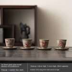 Ice Flower Glaze Plum Blossoms Orchids Bamboo and Chrysanthemum Tea Cup + Coaster Four Pack