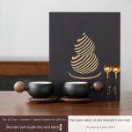 Tao Xi Couple Cups + Coaster + Spoon Hardback Gift Box [Wooden Ball Handle-Zen Style Black]