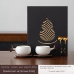 Tao Xi Couple Cups + Coaster + Spoon Hardback Gift Box [Wooden Heart Handle-Elegant White]