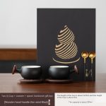 Tao Xi Couple Cups + Coaster + Spoon Hardback Gift Box [Wooden Heart Handle-Zen Style Black]