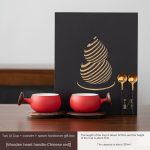 Tao Xi Couple Cups + Coaster + Spoon Hardback Gift Box [Wooden Heart Handle-Chinese Red]