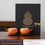 Tao Xi Couple Cups + Coaster + Spoon Hardback Gift Box [Wooden Heart Handle-Vibrant Orange]