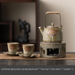 Ice Flower Glaze Lotus Seedpod Loop-Handled Teapot + Baked Tea Stove +2 One Teacup +2 One Coaster